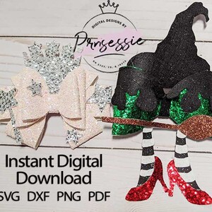 May include: A digital download of a witch-themed bow with a black hat, green and white striped legs, red shoes, and a broom. The bow is decorated with silver glitter and stars. The text "Instant Digital Download SVG DXF PNG PDF" is at the bottom of the image.