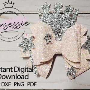 May include: A pink glitter bow with a silver glitter crown and star accents. The bow is layered and has a 3D effect. The crown is on top of the bow and the stars are on the sides. The bow is on a white wooden background. Instant Digital Download SVG DXF PNG PDF