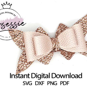 May include: A digital download of a pink and gold glitter bow with a large center bow. The image includes the text "Instant Digital Download SVG DXF PNG PDF".
