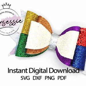Könnte beinhalten: Ein bunter Glitzerbogen mit grünen, goldenen, orangen, violetten, roten und blauen Abschnitten. Der Bogen ist in der Mitte weiß und hat ein silbernes Band. Der Text "Sofortiger digitaler Download SVG DXF PNG PDF" befindet sich unter dem Bogen.