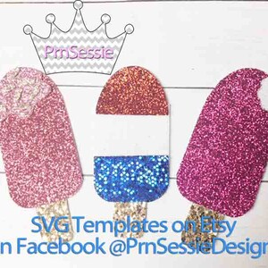 Puede incluir: Tres formas de paleta de hielo con brillantina, una rosa, una roja, blanca y azul, y una morada.  SVG Templates on Etsy On Facebook @PrmSessieDesigns