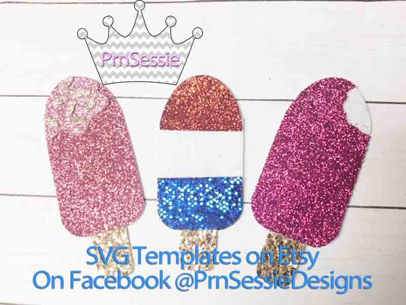 Puede incluir: Tres formas de paleta de hielo con brillantina, una rosa, una roja, blanca y azul, y una morada.  SVG Templates on Etsy On Facebook @PrmSessieDesigns