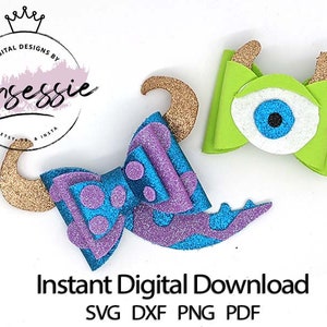 May include: Two glitter bow designs, one with a blue and purple bow with gold horns and the other with a green bow with a white eye and gold horns. The text "Instant Digital Download SVG DXF PNG PDF" is below the bows.