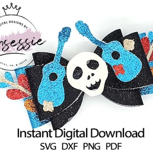 May include: A digital download design for a black, blue, and white glitter bow with a skull, guitar, and floral accents. The design is for crafting and includes SVG, DXF, PNG, and PDF files.  Instant Digital Download.