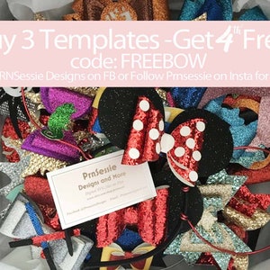 Puede incluir: Una caja llena de diademas de brillantina de colores, incluyendo una diadema negra y roja con lunares y orejas de rat&oacute;n. La caja tambi&eacute;n incluye una tarjeta de visita para PRNSessie Designs and More. El texto en la caja dice "Buy 3 Templates -Get 4 Free! code: FREEBOW Like PRNSessie Designs on FB or Follow PRNSessie on Insta for more!"