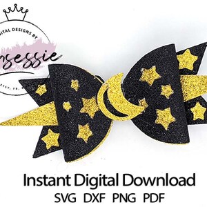 Puede incluir: Lazo de brillo negro y dorado con una luna creciente y estrellas. Descarga digital instantánea SVG DXF PNG PDF.
