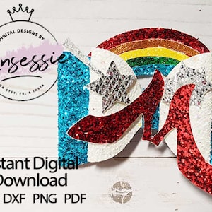 Puede incluir: Un diseño de descarga digital que presenta un lazo de brillo rojo, blanco y azul con un arcoíris, estrellas y zapatos de brillo rojo. El diseño es perfecto para proyectos de manualidades como lazos para el cabello, llaveros u ornamentos.