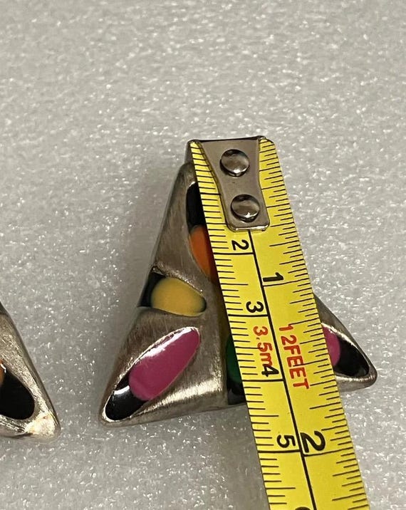Rare Fantastic Vintage GEM-Craft Brushed Silvertone Vibrant Enamel 17" Necklace & Earrings Set View 2
