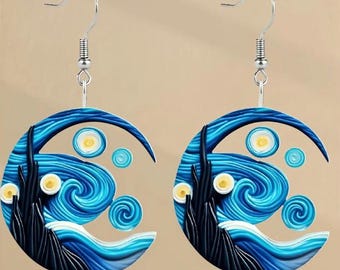 May include: A pair of blue and white earrings with a swirling design reminiscent of Vincent van Gogh's "Starry Night".