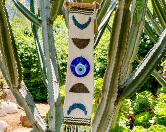 White Moon Phase Evil Eye Nazar Handmade Woven Wall Hanging/Weaving/Tapestry