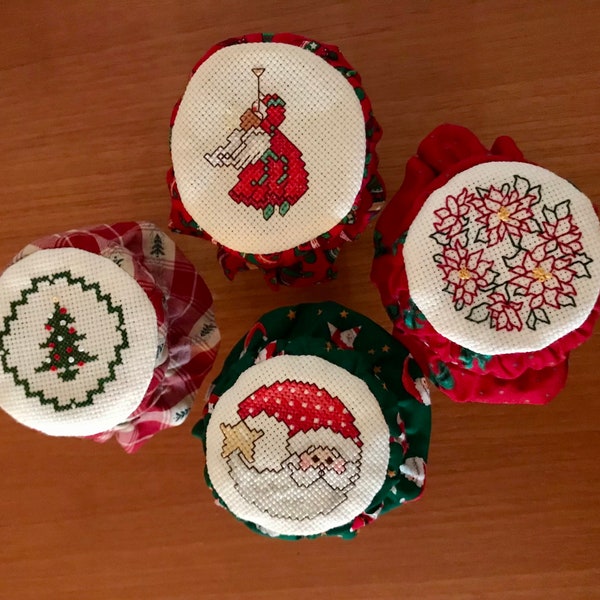 Cross Stitched Christmas Jar Lid Covers