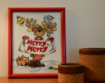 Completed & Framed Cross Stitch:  Merry Reindeer