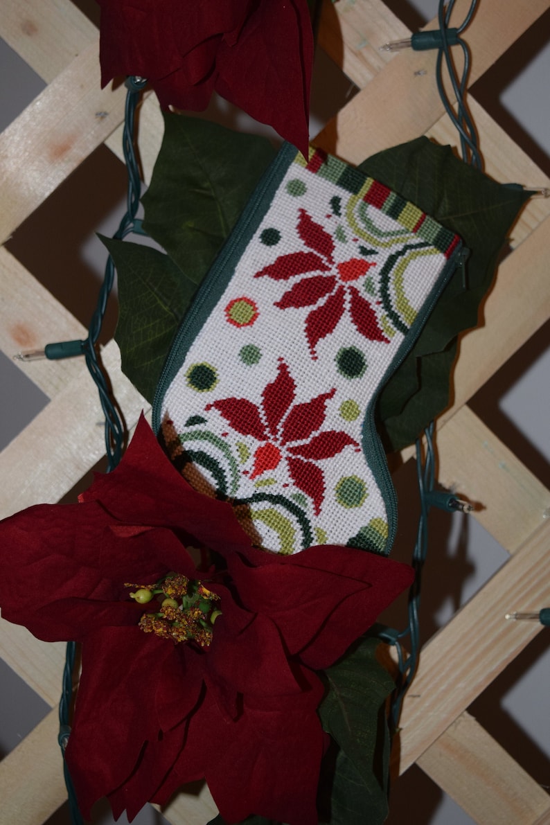 Completed Needlepoint Small Christmas Stocking Modern Poinsettia or Cardinals