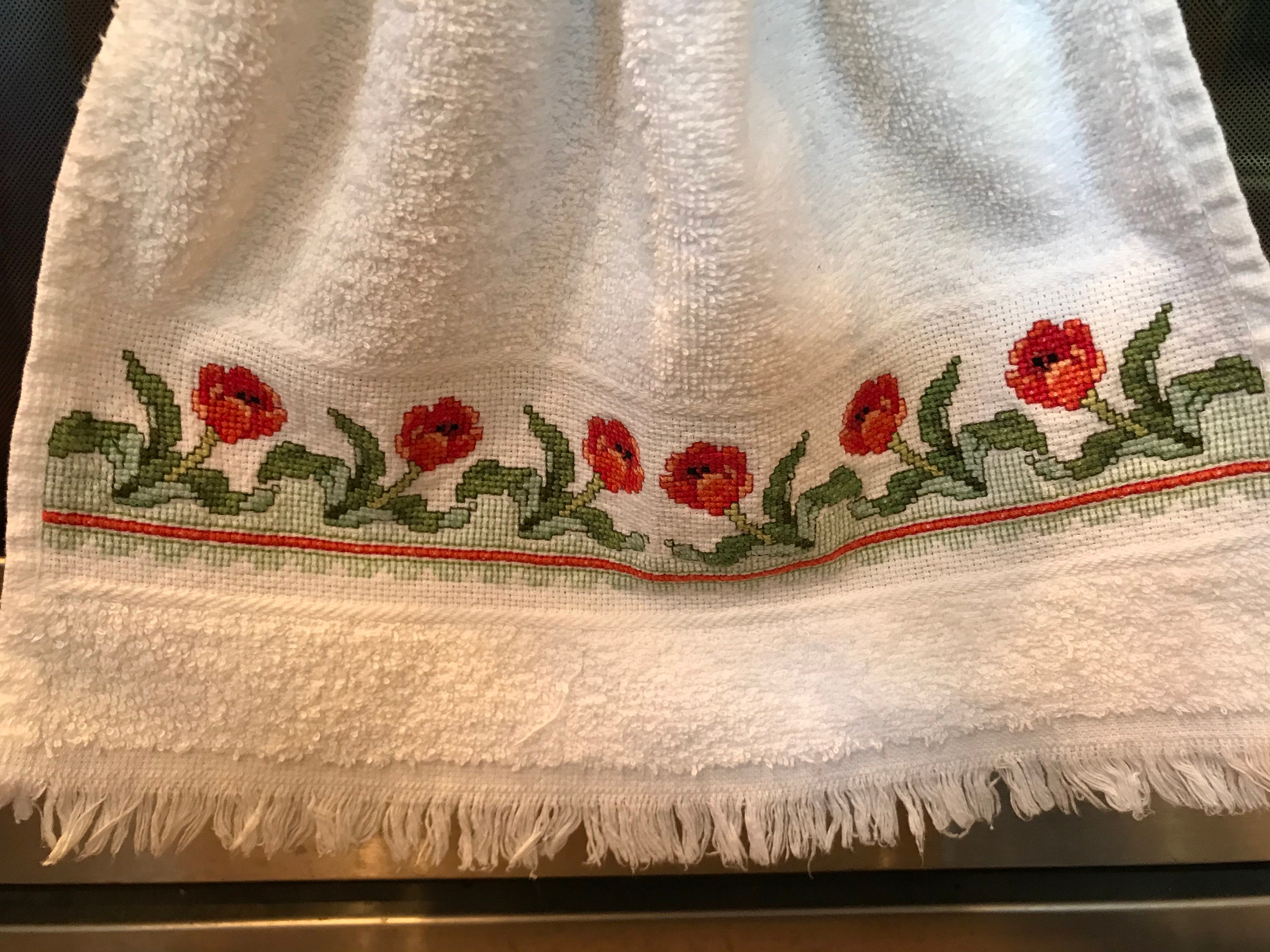 Cross Stitched Hanging Kitchen Towel Poppies or Fall Harvest Etsy