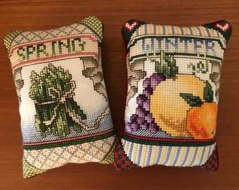 Cross Stitched Mini-Pillows:  Seasons - Spring, Summer, Autumn & Winter