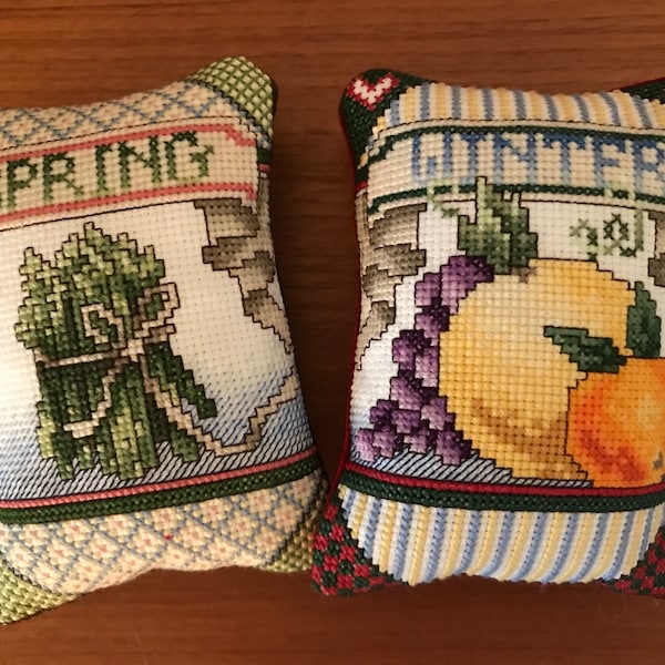 Cross Stitched Mini-Pillows:  Seasons - Spring, Summer, Autumn & Winter