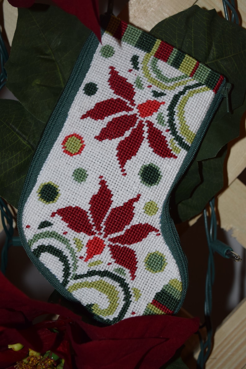 Completed Needlepoint Small Christmas Stocking Modern Poinsettia or Cardinals