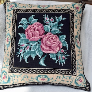 Completed Needlepoint Pillow:  Midnight Roses