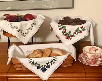 Cross Stitched Bread Cloth-Basket Liner:  Fruits and Flowers