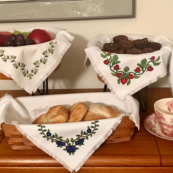 Cross Stitched Bread Cloth-Basket Liner:  Fruits and Flowers