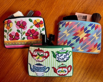 Completed & Cotton Lined Needlepoint Clutch/Cosmetic Cases