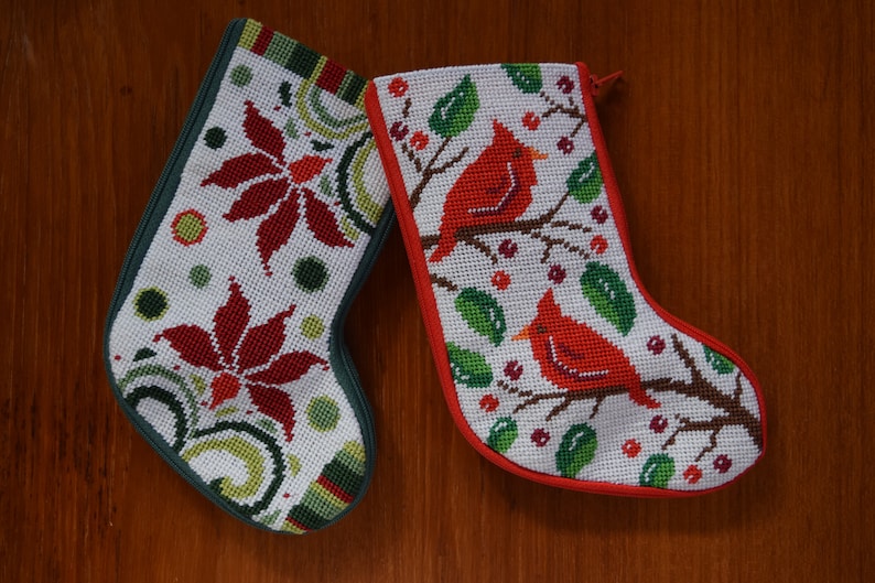 Completed Needlepoint Small Christmas Stocking Modern Poinsettia or Cardinals