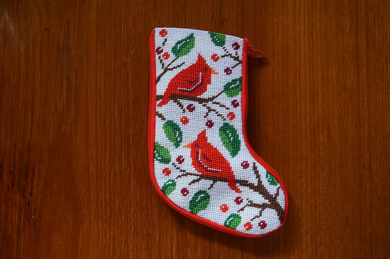 Completed Needlepoint Small Christmas Stocking Modern Poinsettia or Cardinals