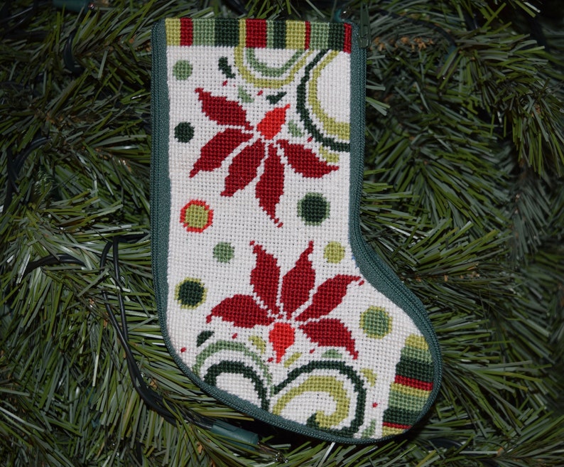 Completed Needlepoint Small Christmas Stocking Modern Poinsettia or Cardinals