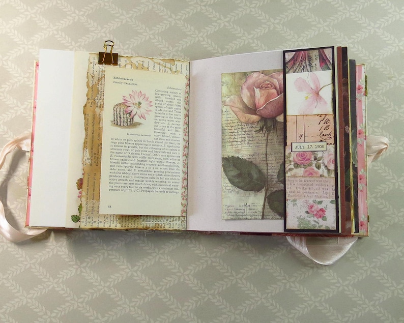May include: An open scrapbook featuring pages with botanical illustrations, including a cactus with a pink flower and a large rose. The pages contain vintage-style text, handwritten script, and a small tag with the date July 17, 1906, held by a gold clip.