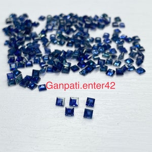 Puede incluir: Un gran grupo de pequeñas piedras preciosas azules cuadradas, con algunas piedras preciosas más pequeñas dispuestas en una fila debajo. El texto "Ganpati.enter42" es visible en la imagen.