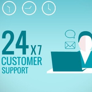 May include: Illustration of a person sitting at a desk with a laptop, a speech bubble, and an email icon. The text '24x7 Customer Support' is displayed in teal.