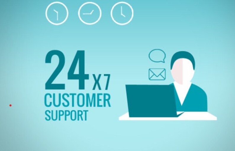 May include: Illustration of a person sitting at a desk with a laptop, a speech bubble, and an email icon. The text '24x7 Customer Support' is displayed in teal.