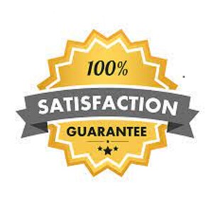 May include: A gold starburst with the text "100% Satisfaction Guarantee" and three gold stars.