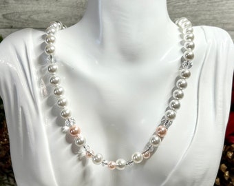 White Pink Pearl Glass Beaded Necklace Handmade Jewelry Gift