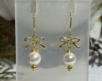 Pearl Shell Gold Bow Dangle Drop Earrings Handmade Jewelry Gift