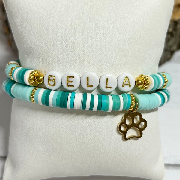 Dog Cat Pet Personalization Names Heishi Bead Stretch Bracelet Set Boho Handmade Jewelry Gift