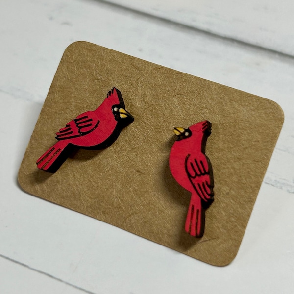 Red Cardinal Wood Stud Earrings Hand Painted Autumn Holiday Jewelry Gift