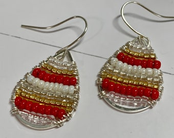 Seed Bead Teardrop Wire Wrapped Earring Red White Gold Handmade Jewelry Gift for Her