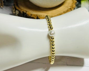 White Pearl Gold Bead Stretch Bracelet Handmade Jewelry Gift