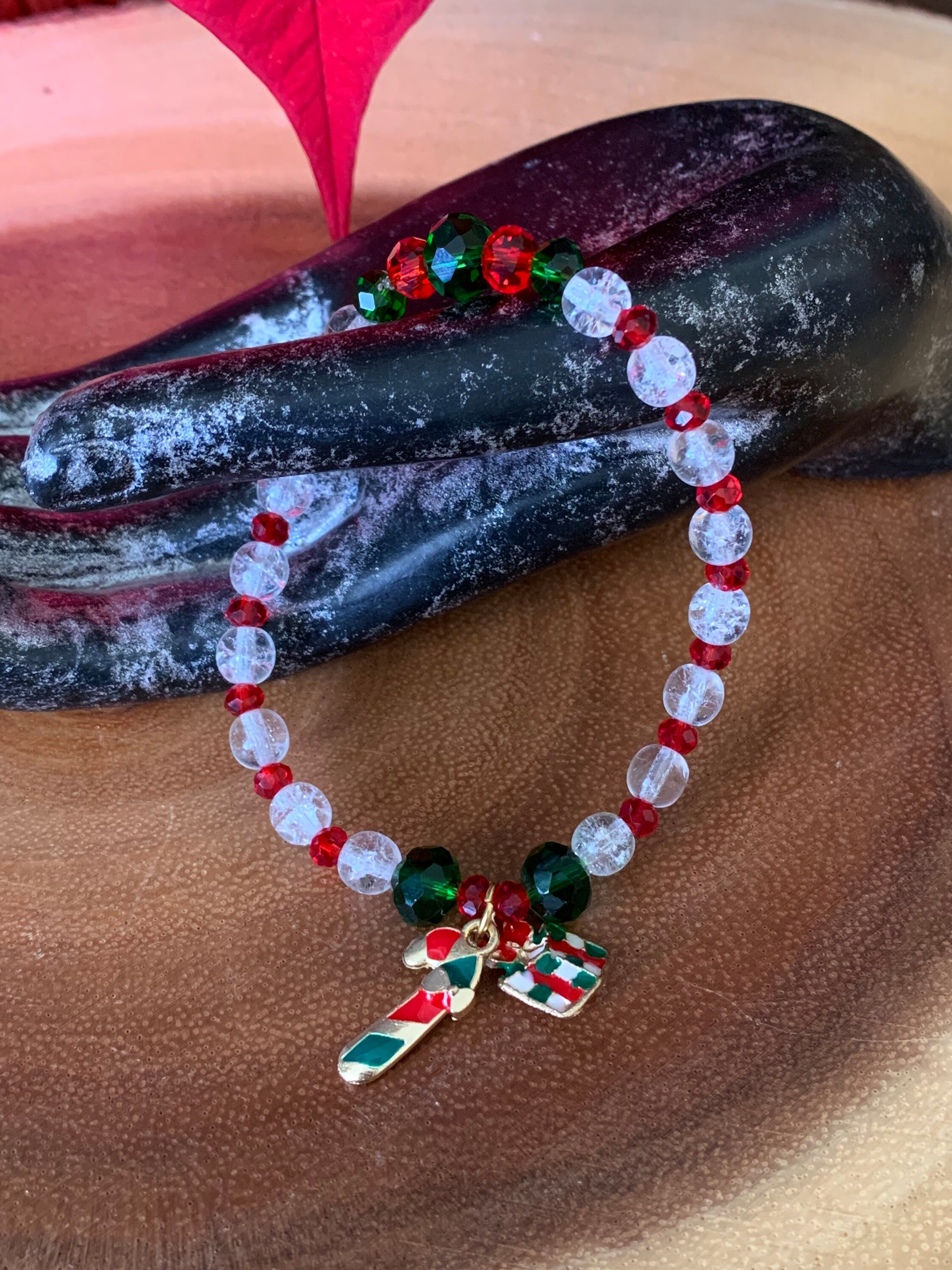 Christmas Beaded Stretch Bracelet Candy Cane Handmade Jewelry Etsy