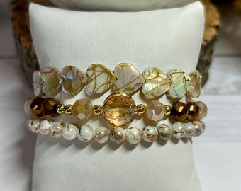 Heart Shell Glass Beaded Stretch Bracelet Set Boho Autumn Fall Handmade Jewelry Gift