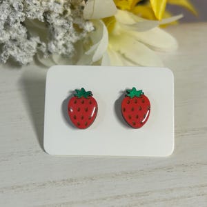 Strawberry Wood Hand Painted Stud Earrings Summer Vacation Boho Handmade Jewelry Gift