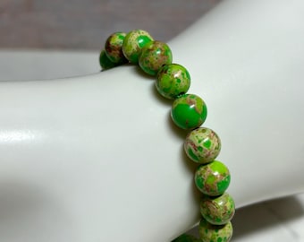 Green Imperial Jasper Gemstone Stretch Beaded Bracelet Handmade Jewelry Gift