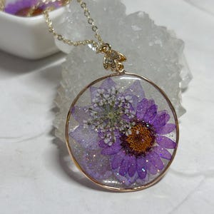 Purple Floral Resin Pendant Necklace Spring Summer Handmade Jewelry Gift