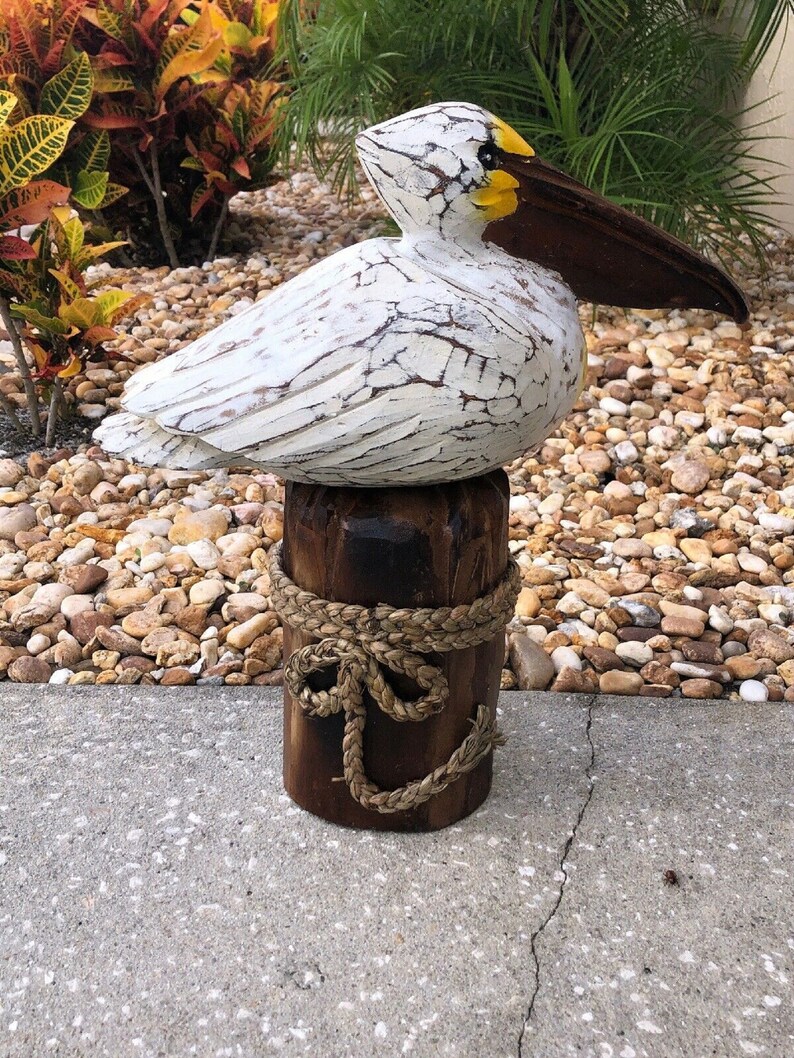 White Wooden Pelican on Piling Painted Hand Carved Wood Etsy