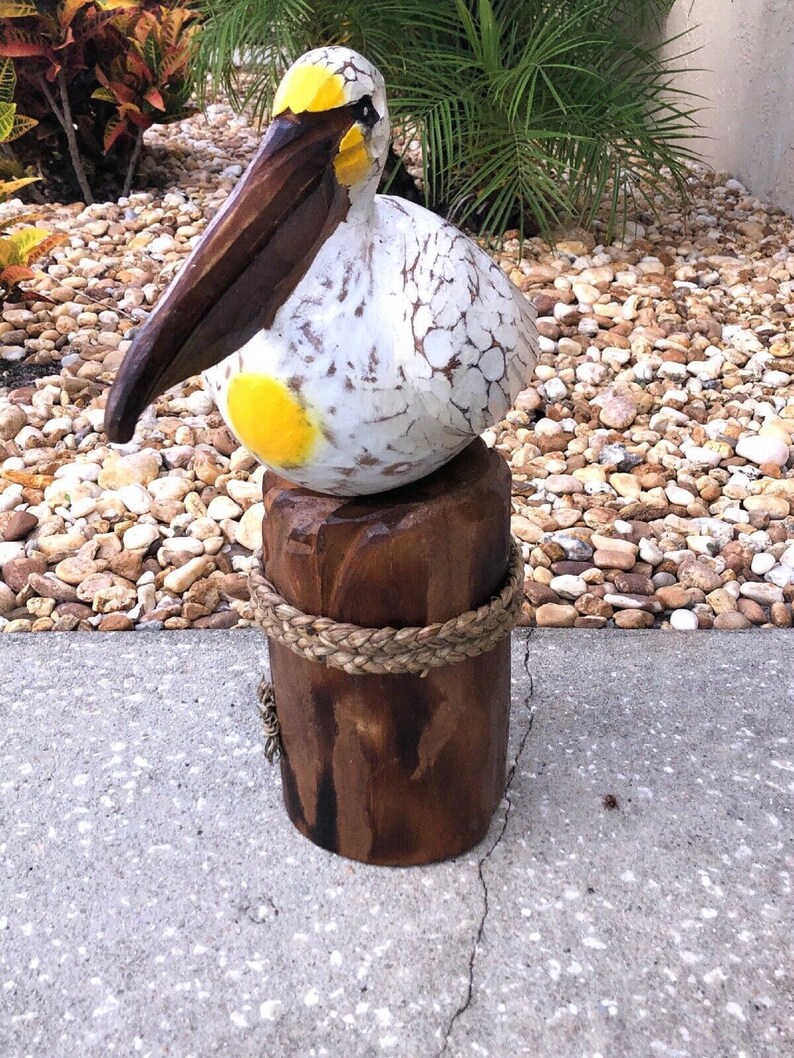 White Wooden Pelican on Piling Painted Hand Carved Wood Etsy