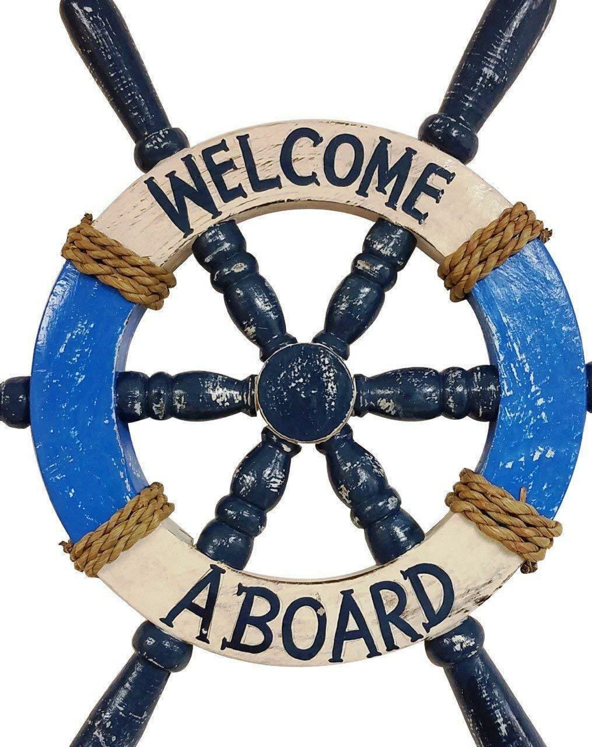 17 Ship Wheel Welcome Aboard Sign WEATHERED Blue White | Etsy