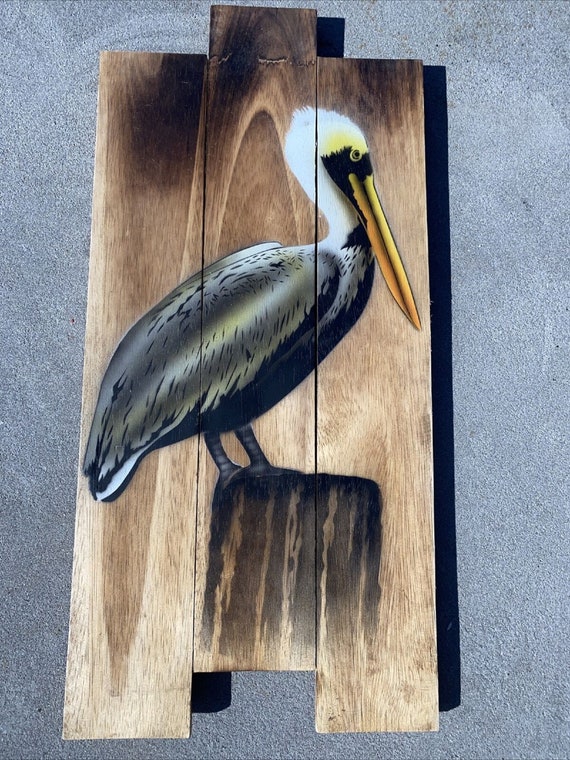 20” BROWN PELICAN ON PILING HAND CARVED WOOD TROPICAL SCULPTURE BIRD DECOR