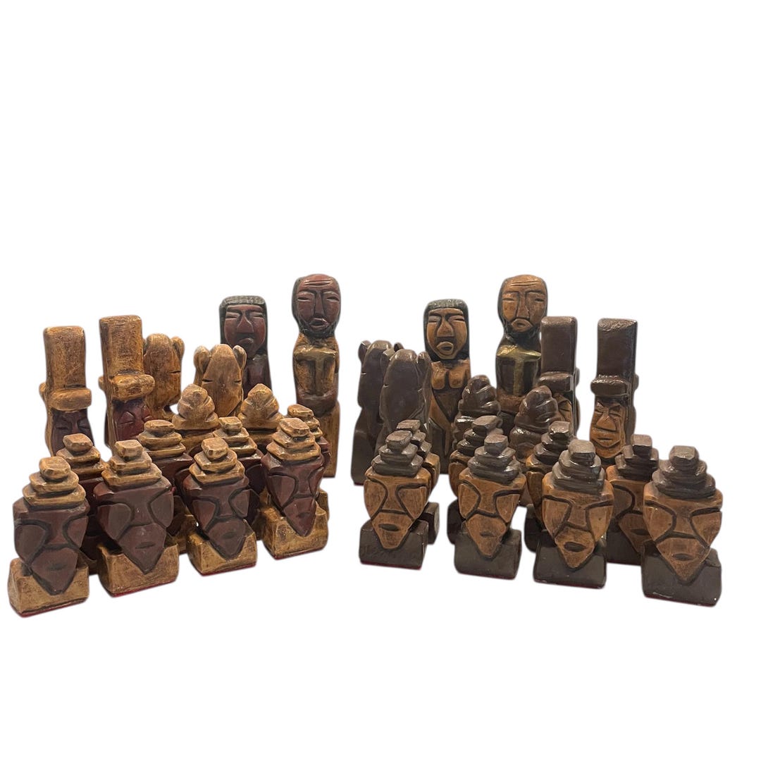 Vintage J T Rollins Tribal Chalkware Chess Set 32 Pieces Large Heavy ...