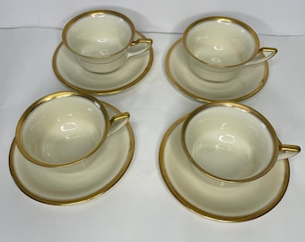 Set Of 4 Rosenthal Tea Cup & Saucer Ivory and Gold Trim Corona China 8 Pieces